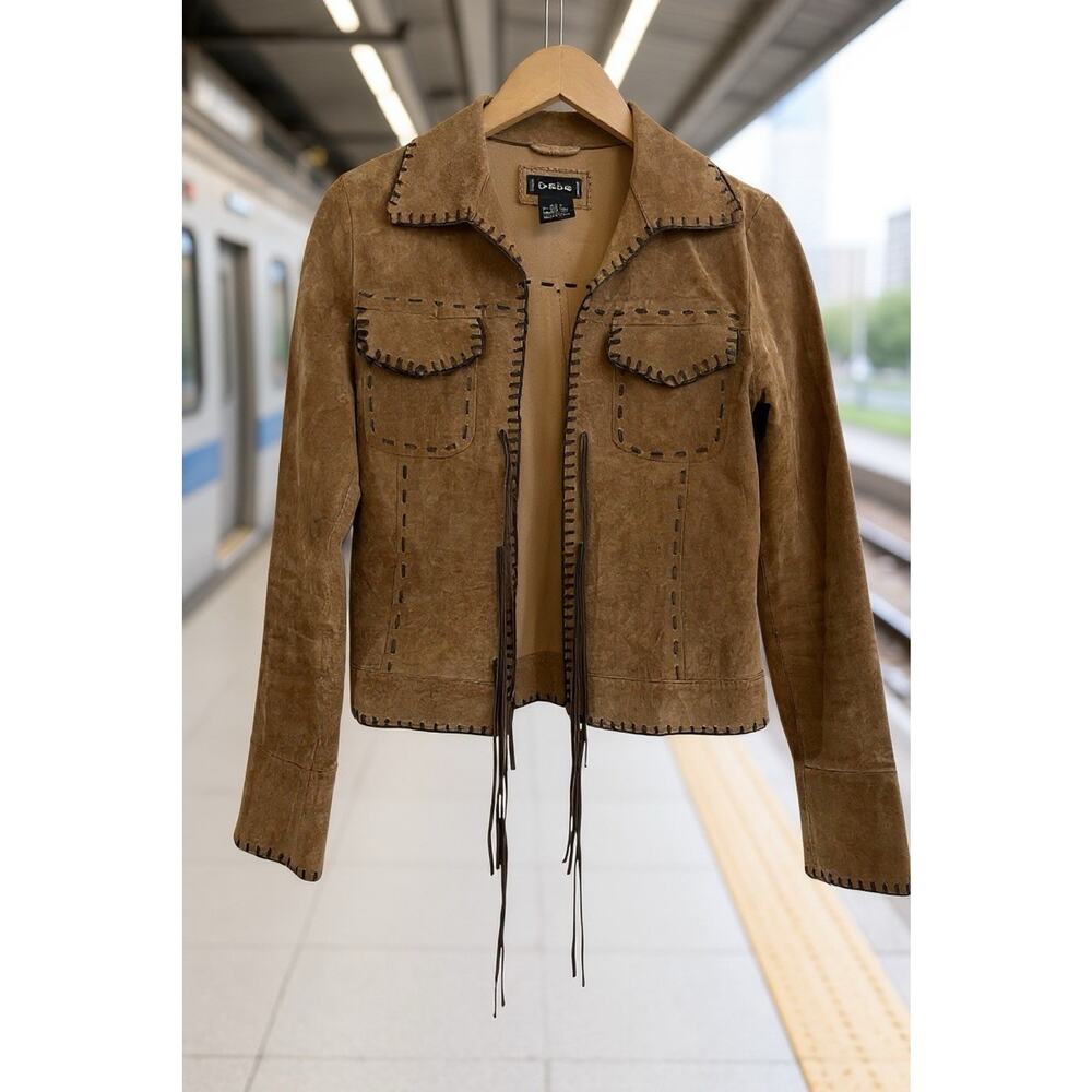 Vintage Y2K Bebe Suede Leather Jacket Tan Whipstitch Lacing Western XS